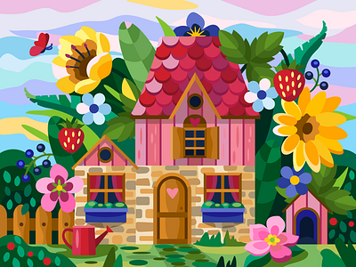 House in the grass 2d art berry color colorbook flat flowers gameart gameillustration garden grass house illustration strawberry summer vector