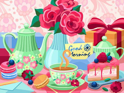 Morning 2d art berry breakfast cake color design flat flower flowers gallery game gameart illustration kettle letters morning rose vector
