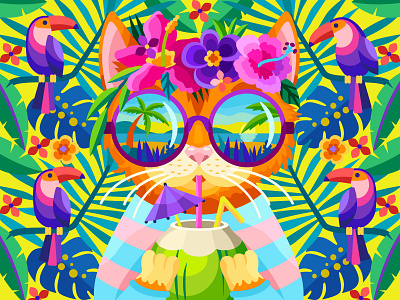 Tropical vacation art artwork beach cat coconut coctail colorbook coloringbook digital draw flat flower game gameart graphicdesign illustration sea tropical vector web