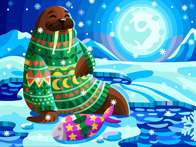 Walrus art artwork cartoon colorbook coloringbook cozy digital fish flat gift graphicdesign illustration moon night snow vector walrus winter