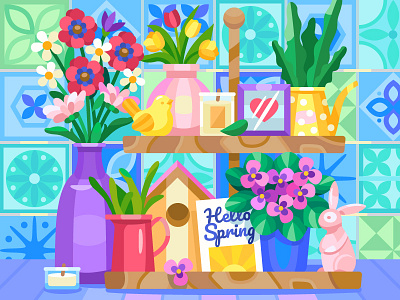 Spring tray art artwork cartoon colorbook coloringbook cozy digital flat flower graphicdesign illustration spring tray vector
