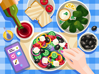 Greek food art artwork cartoon colorbook coloringbook design digital digitalart flat food game illustration graphicdesign greek illustration mobile game salad ui vector vine