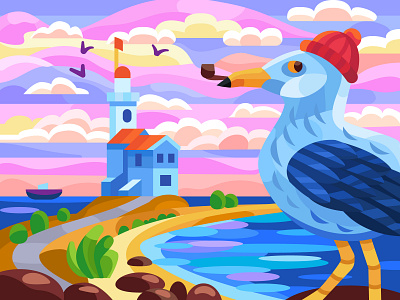 Lighthouse art artwork colorbook coloringbook design flat graphic design gull illustration lighthouse mobile game sky smoke vector