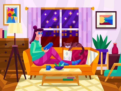 Home art artwork cat colorbook coloringbook cosy digital digitalart flat girl home illustration interior mobile game vector