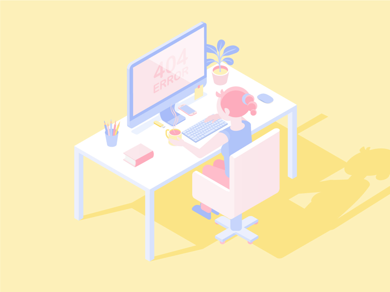 Work time error work time work table office pink color design flat female girl vector illustration