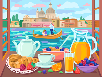 Breakfast in Venice art berries breakfast coffe design flat gondola illustration lovers morning orange juice river vector venice