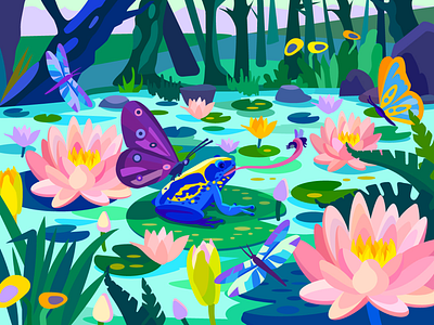 Amazonian flowers art butterfly design dragonfly flat frog game green illustration lake mere nature vector water lily web