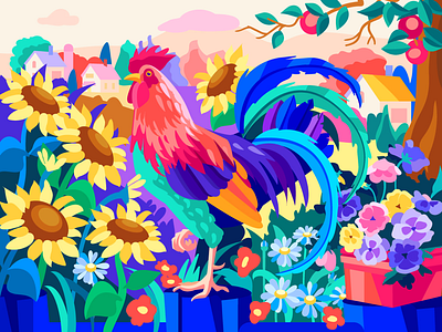 Rooster adobeillustrator art artwork color creative design flat flower flowers game graphicdesign illustration rooster sunflower sunflowers vector village web