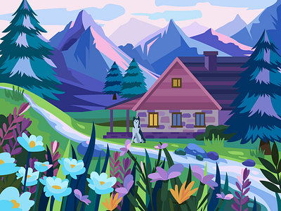 House in the mountains art design dog flat flower green house illustration mountain nature vector