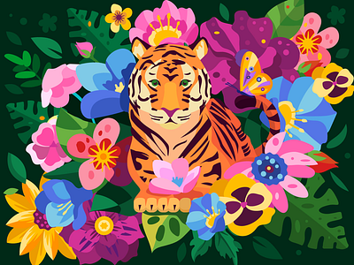 Tiger in flowers design flat flowers green illustration tiger vector web