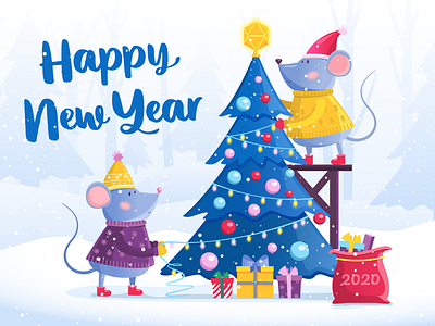 Happy New Year 2020 adobe illustrator christmas color creative cute design fir tree flat forest illustration mouse new year vector web winter