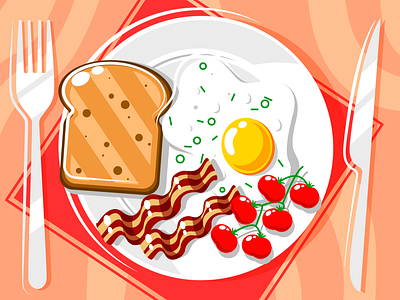 Breakfast bacon breakfast cherry tomatoes cute eating egg yolk food fork illustration knife plate toast vector