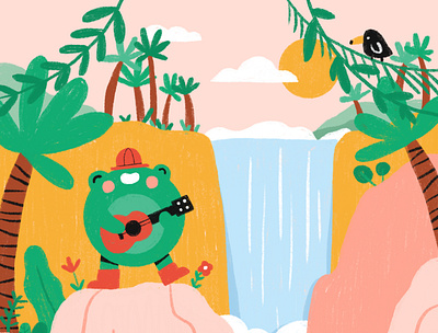 Singing in the jungle frog guitar jungle landscape nature palmtree toucan ukulele waterfall