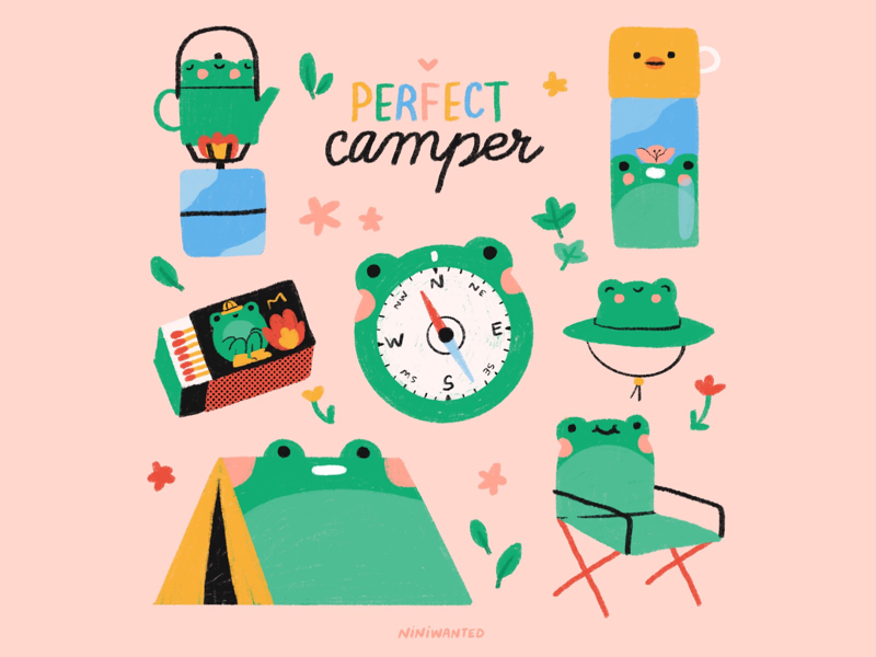 Perfect camper bottle camp camping chair compass frog hat matches nature tea pot tent water bottle