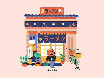 Ramen Shop bike building cat cat illustration character characters cute facade food japan japanese ramen soup