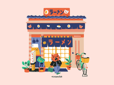 Ramen Shop bike building cat cat illustration character characters cute facade food japan japanese ramen soup