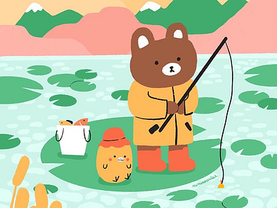 Chilling with your friend bear bird duck fishing friend lake nature