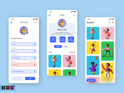 Profile Screen design 3d illustration android app animation app edit profile design explore screen flat illustration interface ios app minimal profile profile design ui user experience userinterface ux web