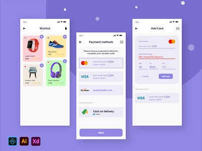 Shopping UI Kit - Payment and Wishlist adobe illustrator adobe photoshop adobe xd android app app app ui check out ios app ios ui online shopping payment payment method place order shopping app shopping ui ui ui ux ui design ux wishlist