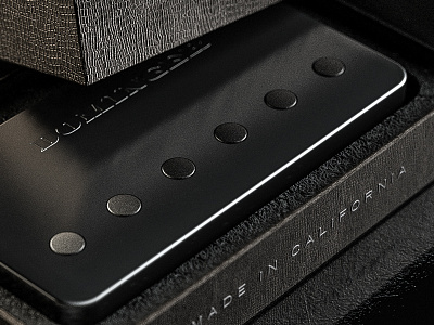 Dominger closeup 3d branding chrome dominger handmade humbucker joce leather visualization