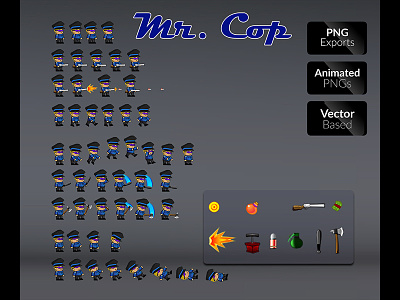 Mr. Cop cartoon character fantasy game mobile platformer side scroller sprite sheet tileable tileset vector video game
