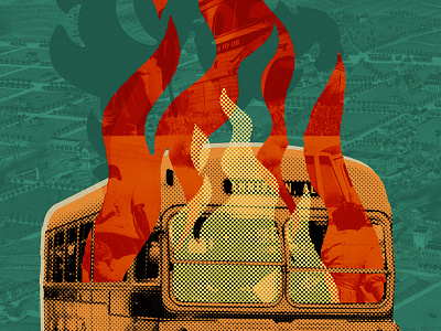 Bus on Far burning bus collage fire flames poster smoke