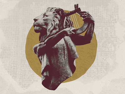 Lion & Lyre collage crosshatch etching god greek harp illo lion lyre statue