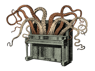 there's something in the upright, dear collage hybrid illustration mayonnaise octopus piano