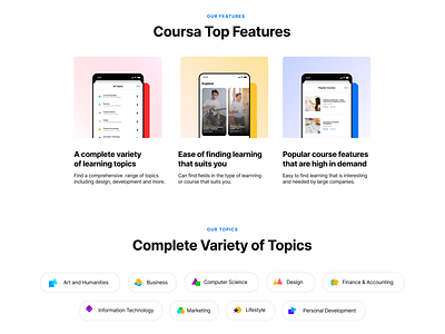 Coursa Features & Topics branding corporate branding illustration typography ui ux design ux