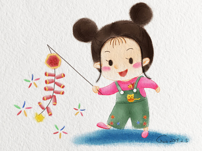 Set off firecrackers celebrate the spring festival custom girl illustration lovely watercolor