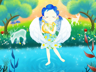 Fairy fairy dream fairy tale forest girl harp illustration lakeside lovely spirit wing