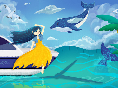 Future desire dolphin dream expect fairy tale future girl illustration lovely sea seagull time yacht
