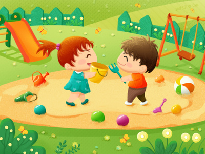 Illustration-Make friends at the playground beach toys boy child friends girl illustration lovely playground slide swing