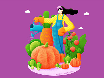 Illustration - Rural Life carrot chinese cabbage girl grow vegetables illustration life lovely original pumpkin tomatoes vegetables watering