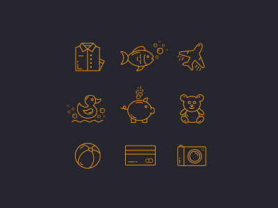 Icons card clothes duck fish icons illustration outline photo pig plane