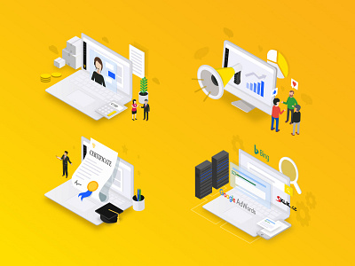 Isometric illustration for PPC Bee #2 ads certification data graph graphic illustration isometric laptop ppc search support
