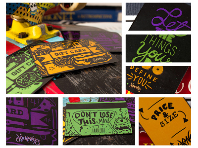 Back to school giftcards and hangtags branding design hand drawn handtype illustration journeys print print design retail seasonal skateboard typography