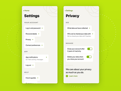 007 - Settings daily ui dailyui data green list items preferences privacy settings settings ui