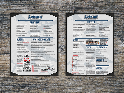 Menu design for Aviator Brewery in Fuquay Varina, NC aviator brewery design indesign menu menu design planes