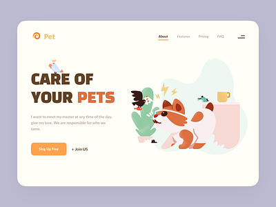 Pets animals care clean design illustration interface landing landing page minimal pets ui ux web