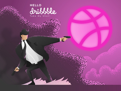 Hello Dribbble action black suite custom illustration gun hello dribbble illustration purple