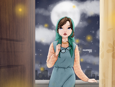 Kahkashan art cute digital digital art draw drawing drawthisinyourstyle girl hijab illustration moonlight night