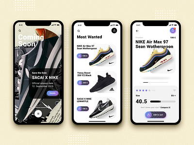 SneakerFreaker //Personal Project// app branding button cards clean design e commerce flat illustration mobile shoe shop slider sneaker sport typography ui ux vector