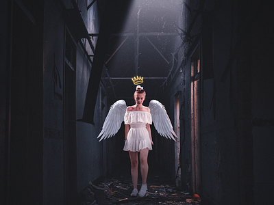 An Angel Fell In Our Home - artwork adobe angel artwork compositing crown dark design film girl light lightroom manipulation mood photoshop poster retouch wings