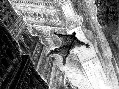 The Watcher jumps book bw computer illustration pencil sci fi steampunk
