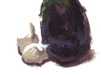 Eggplant & Garlic acrylic painting purple still life white