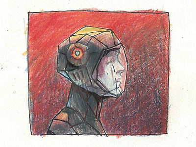 Profile of a guy in some type of armored suit colored pencil illustration ink mixed media moleskine sci fi