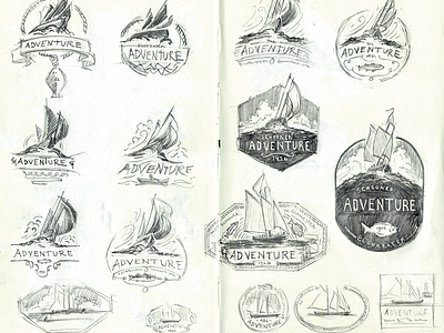 Schooner Adventure Logo Sketches badge drawing fishing history identity illustration logo moleskine pencil ship sketch