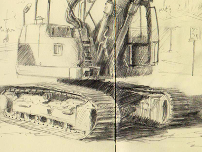Excavator backhoe construction drawing excavator moleskine pencil sketch