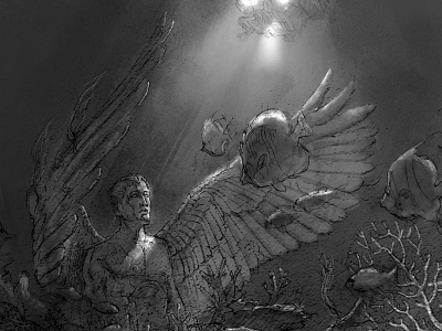 Cherub angel ark of the covenant book cover illustration ocean statue sub underwater